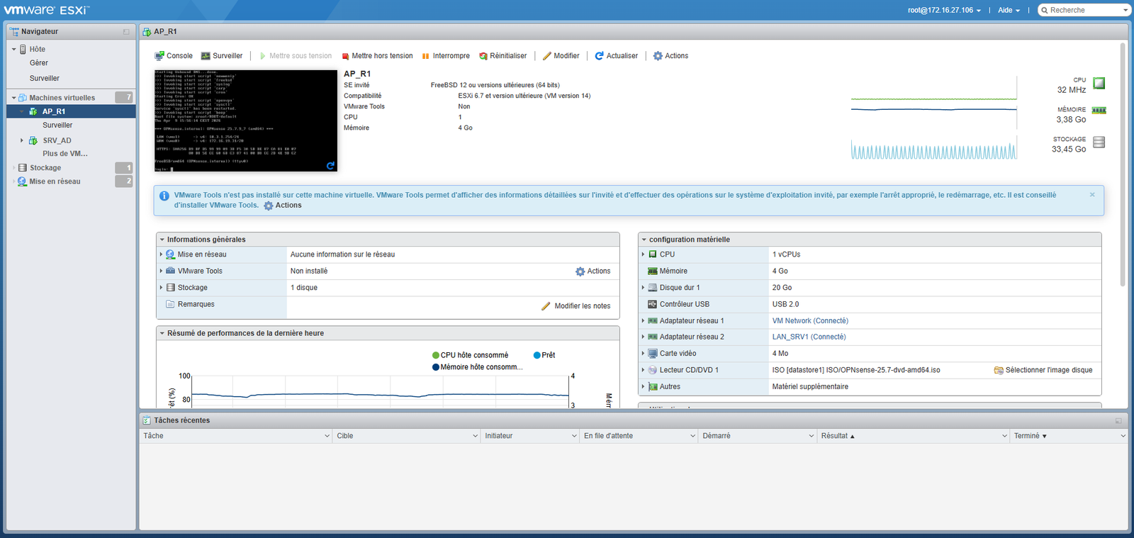 Paramétrage de la machine virtuelle OPNsense sur ESXi